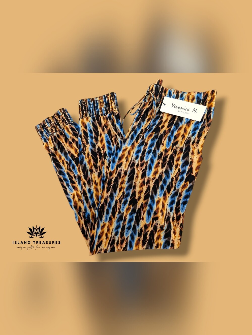 NWT Veronica M. Size XS Brown/Blue Draped Los Angeles Feather Print Jogger Pants - Picture 8 of 16